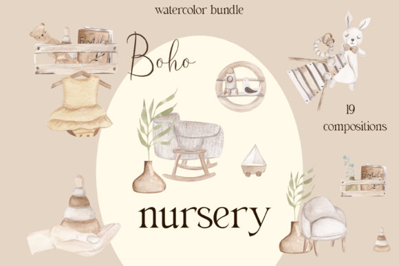 Boho Baby Nursery PNG, Watercolor Baby